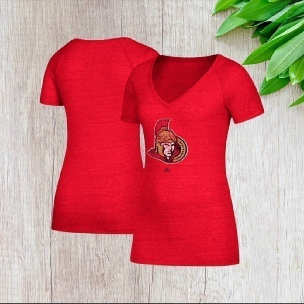Adidas Ottawa Senators Women's Distressed Logo V-Neck T-Shirt in Red 2XL
